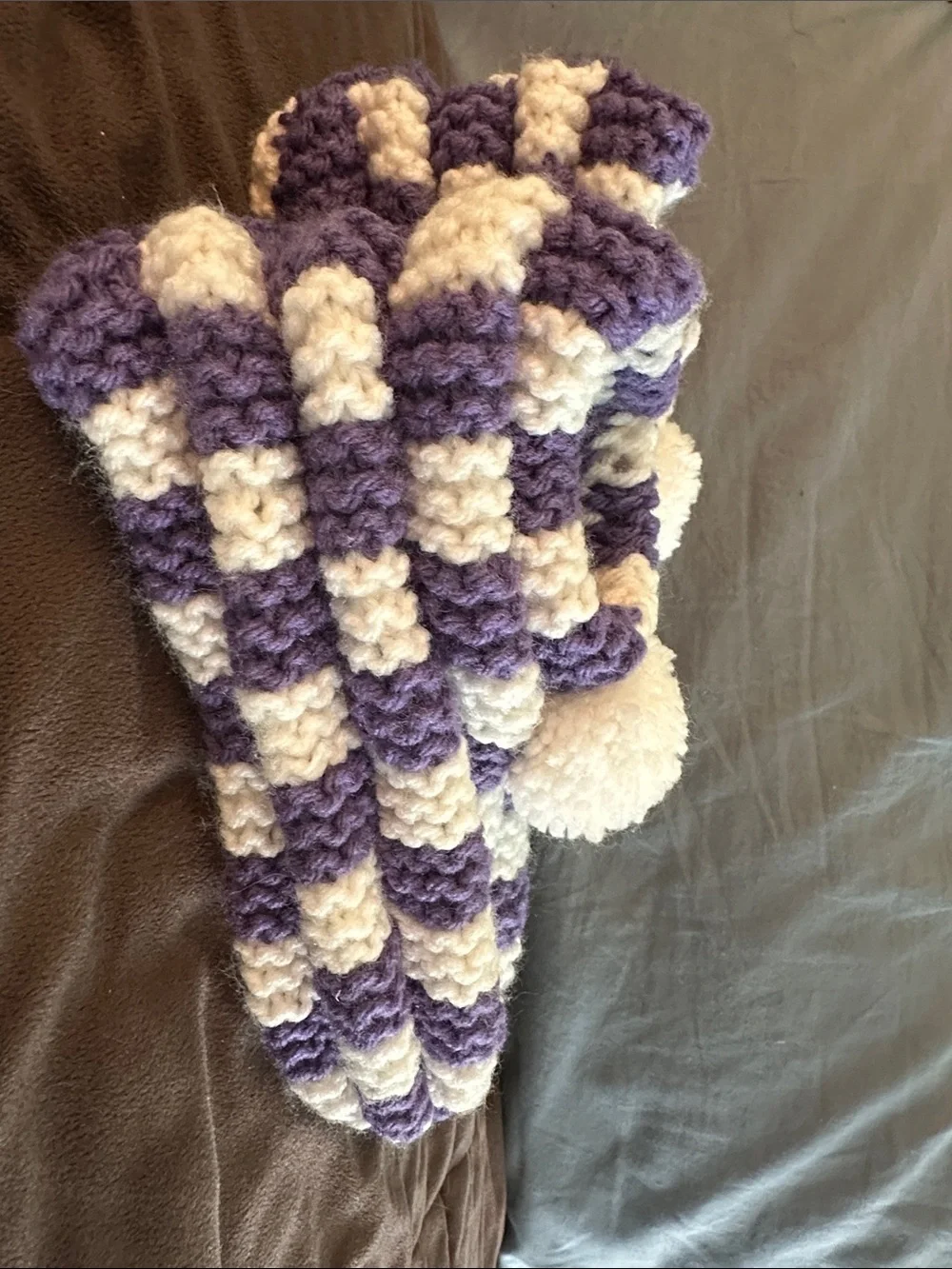 Purple & White Checkered Crochet Slippers with Pom-Poms - Kids Size 12-13